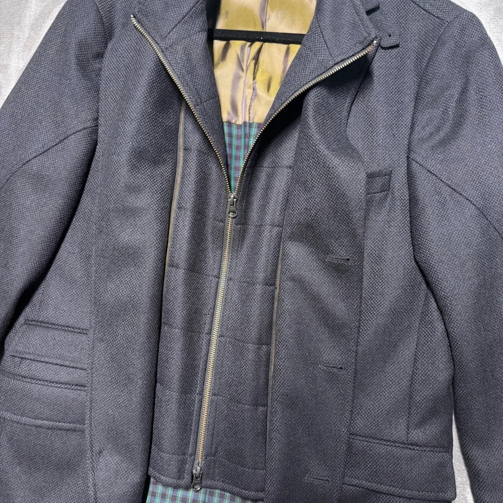Q Mens Blazer Jacket 44R Navy Blue Zip‎ Inset Wool Plaid Lining Textured Coat